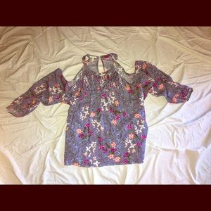 Off the shoulder floral/navy striped blouse